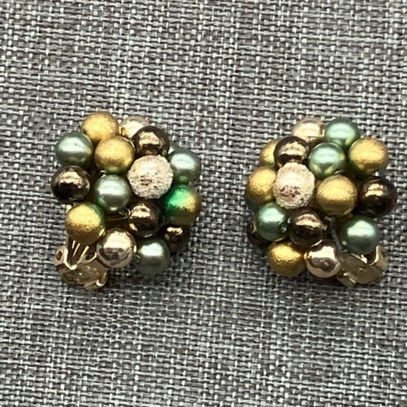 Clip On Earrings Cluster Japan Gold Brown Blue Green Pearl Textured Granny - Picture 1 of 5